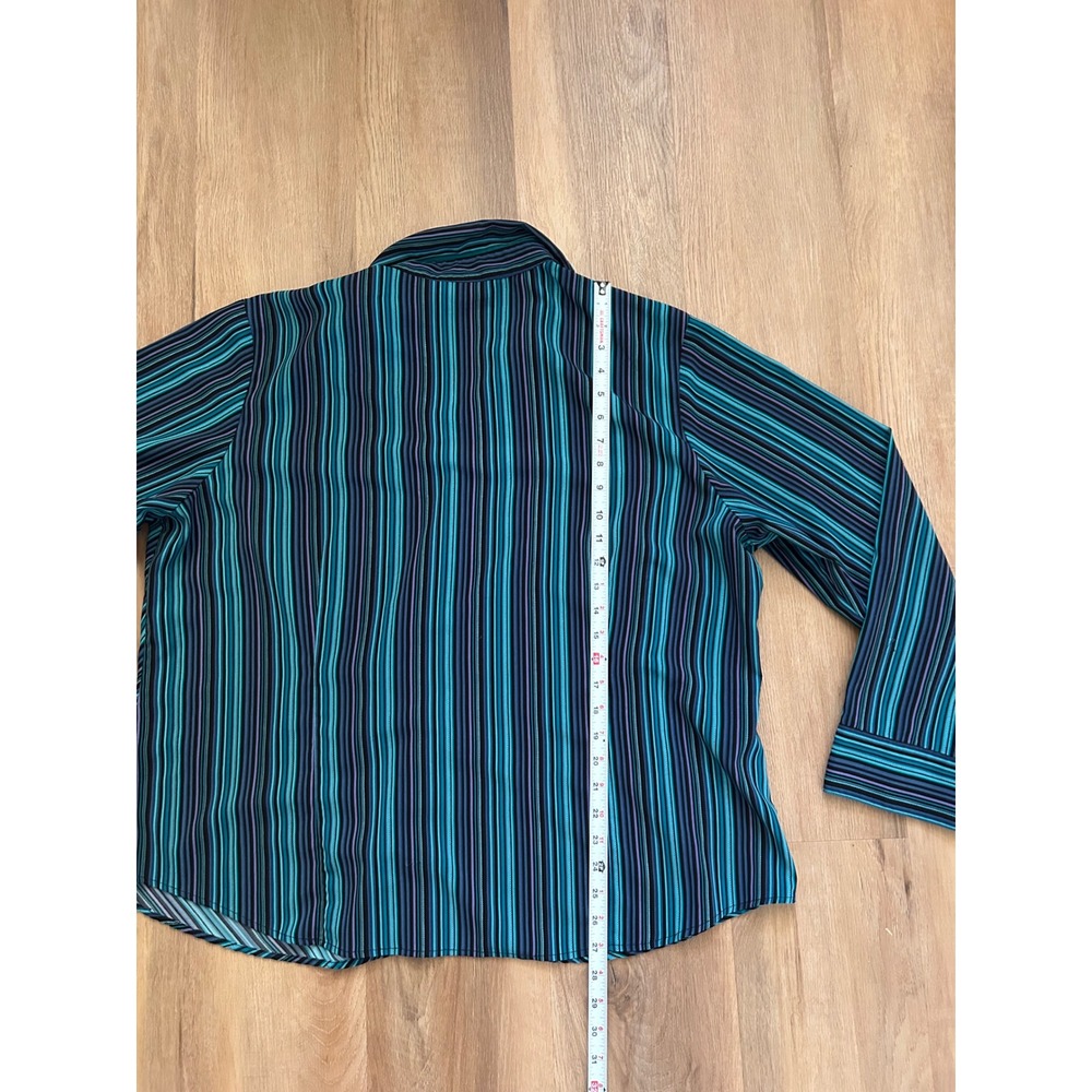 Vintage Ninety 3X Teal Blue‎ Striped Button Up Long Sleeve Blouse  preppy office - Picture 5 of 6